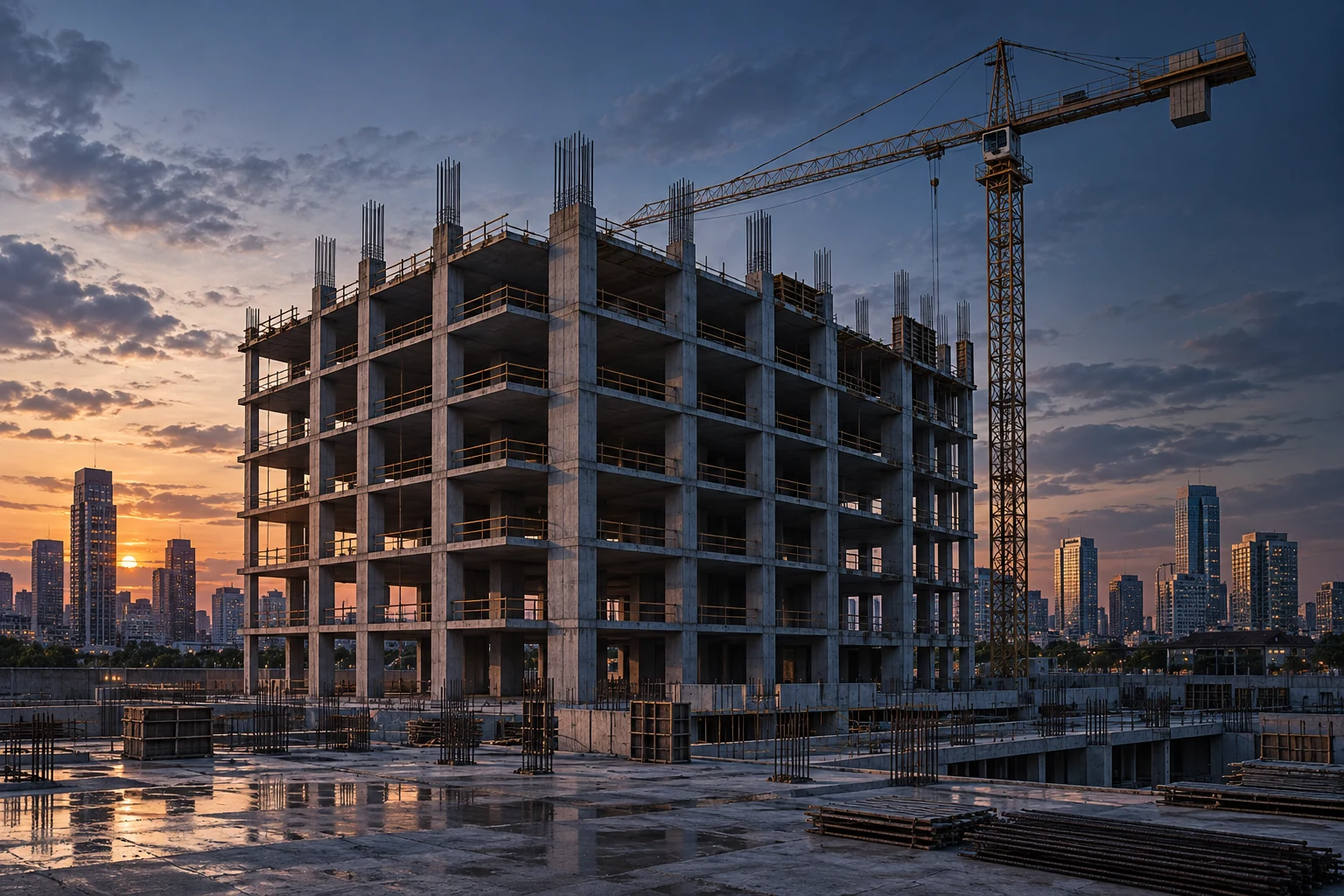 Unfinished concrete building and idle tower crane at dusk