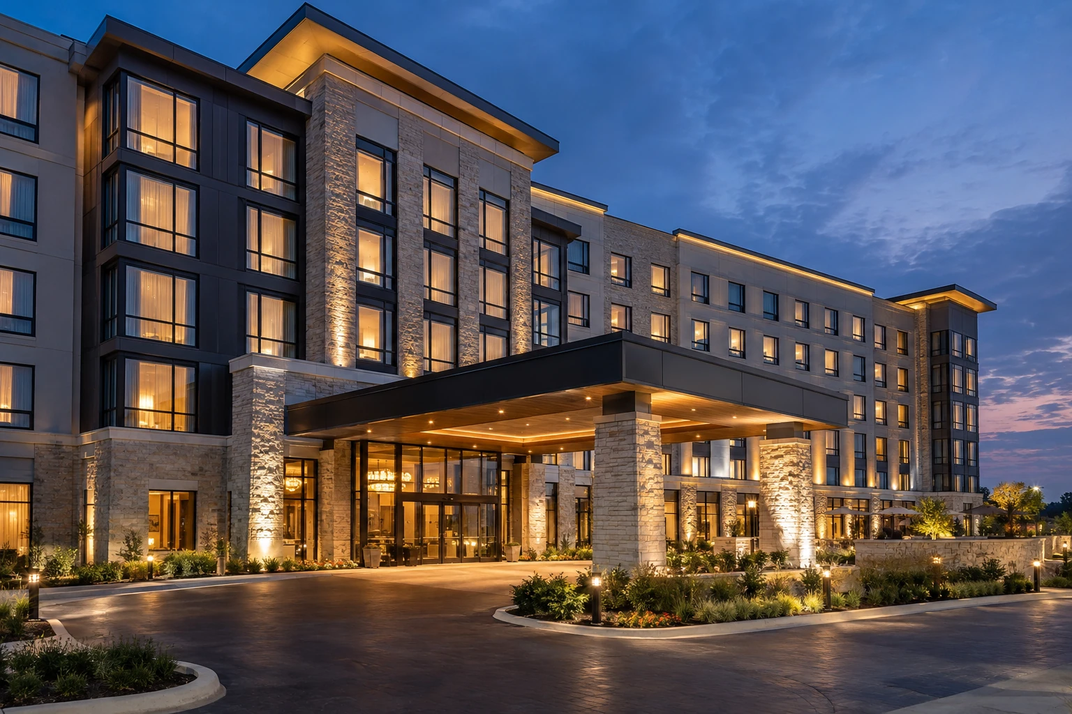 Hotel building with illuminated guestroom windows and covered arrival entrance