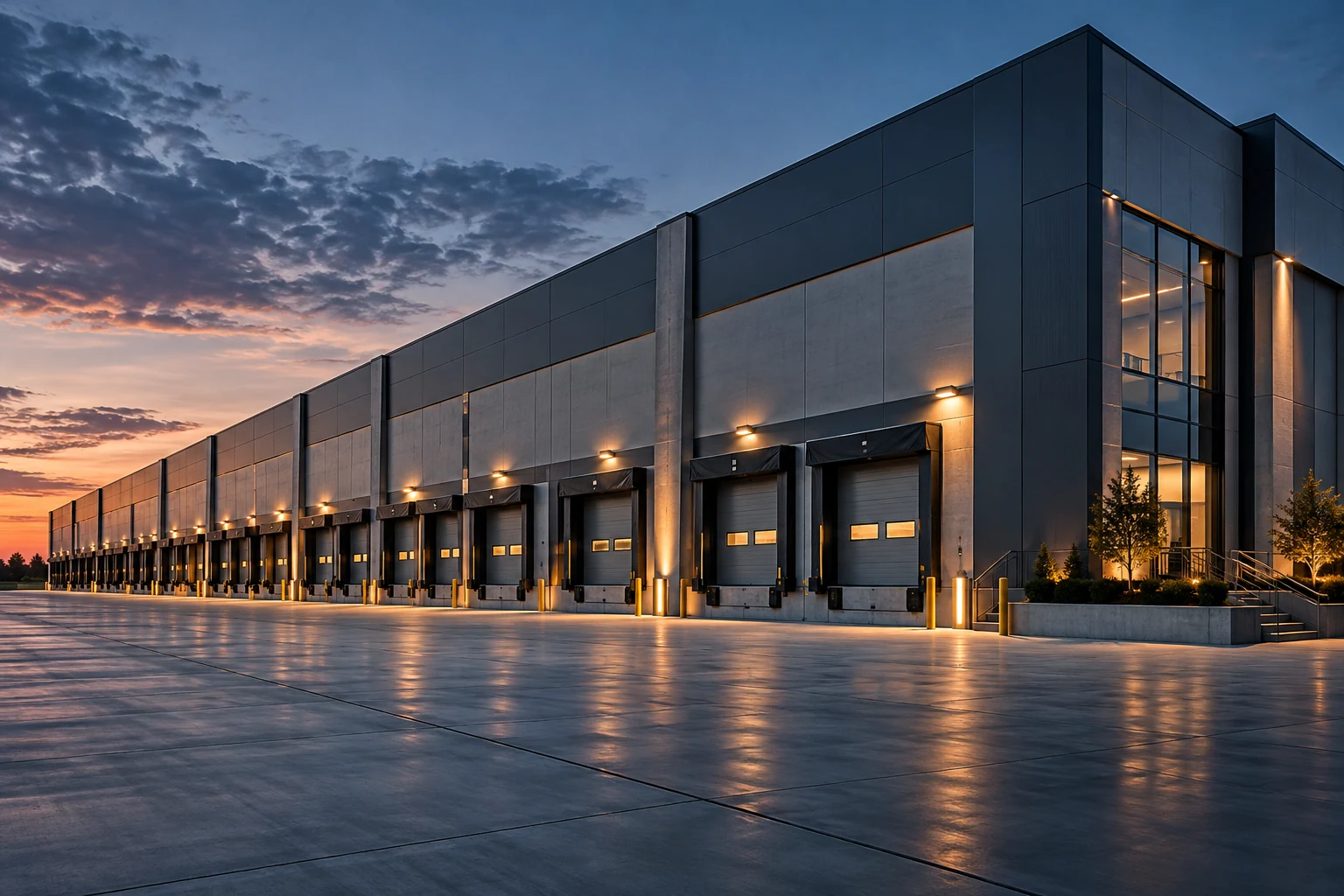 Contemporary industrial warehouse with loading bays