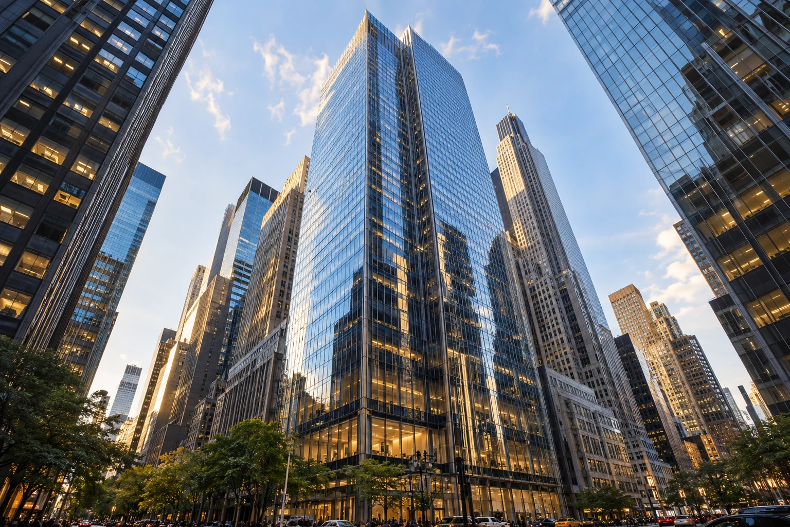 Midtown Manhattan glass-and-steel office skyscraper photographed from street level