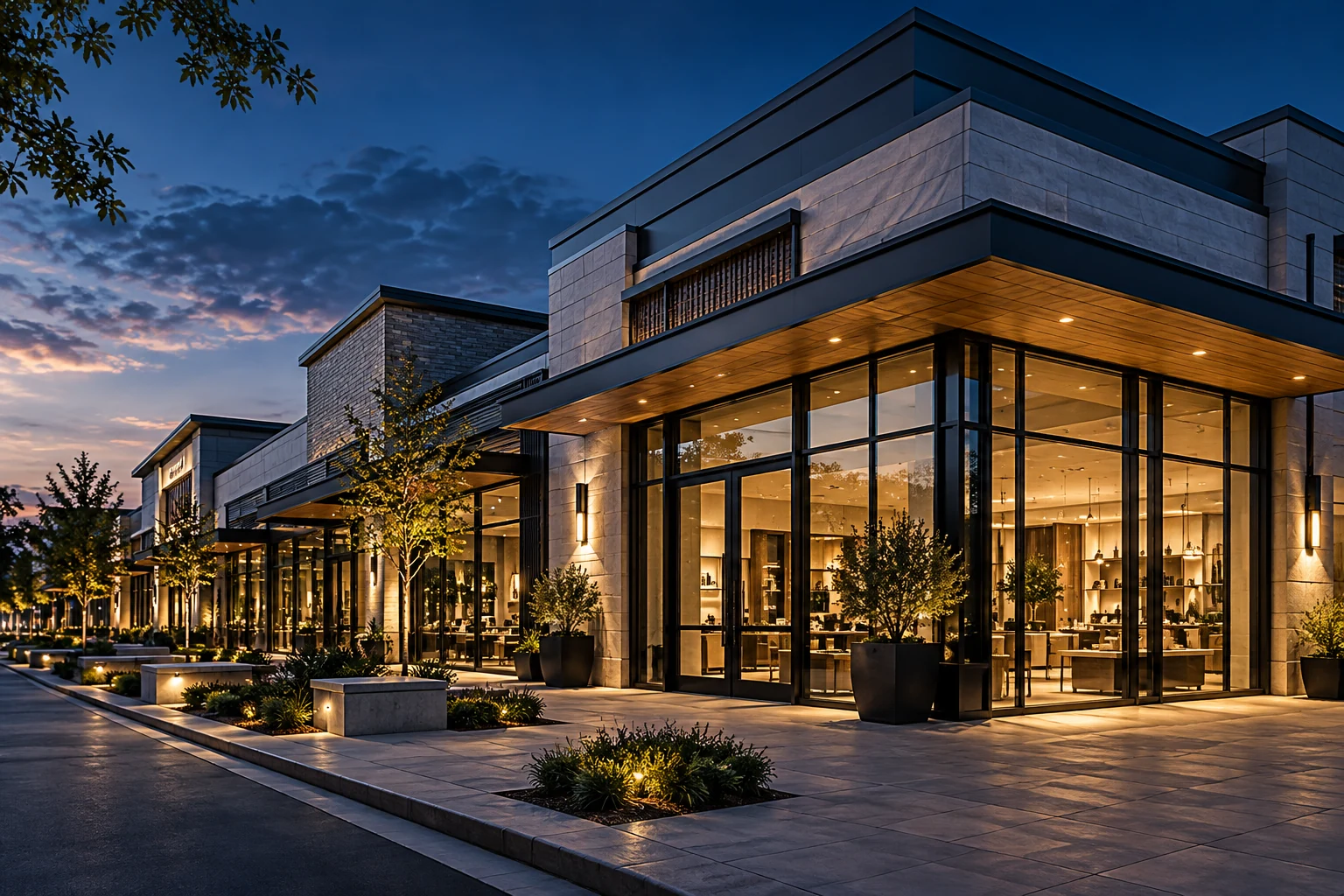 Modern retail center with illuminated storefronts